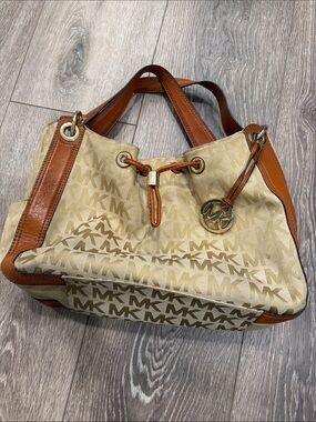 Michael Kors Beige and Tan MK Logo Drawstring Shoulder Bag